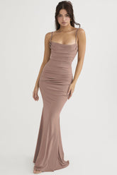 Vintage Maxikleid mit eckigem Ausschnitt, gerüschtem Korsett und Fischschwanz - Khaki